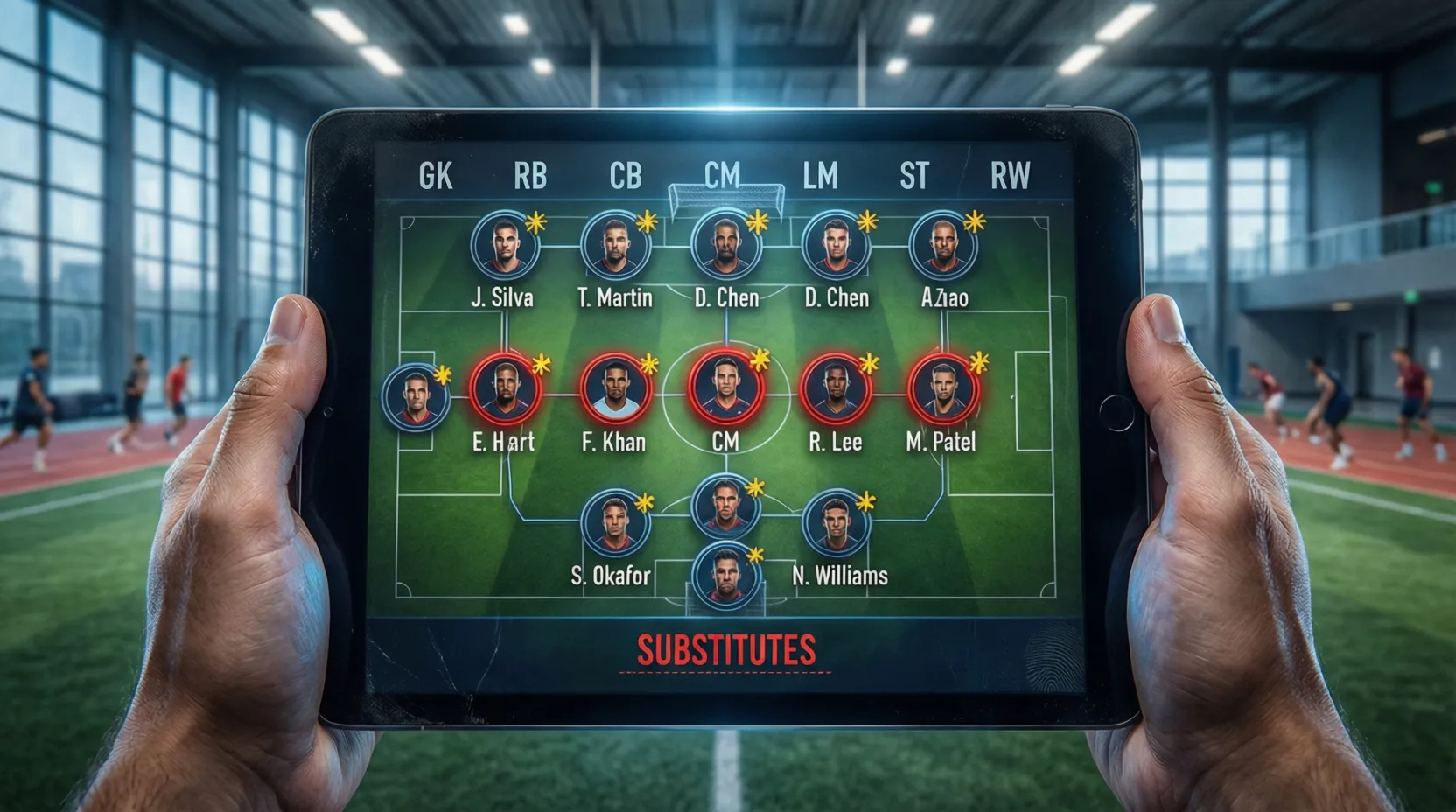 Pantalla mostrando alineación confirmada con varios jugadores suplentes titulares