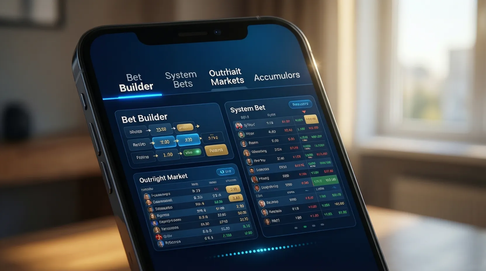 Pantalla mostrando diferentes opciones de apuestas incluyendo bet builder y mercados de largo plazo