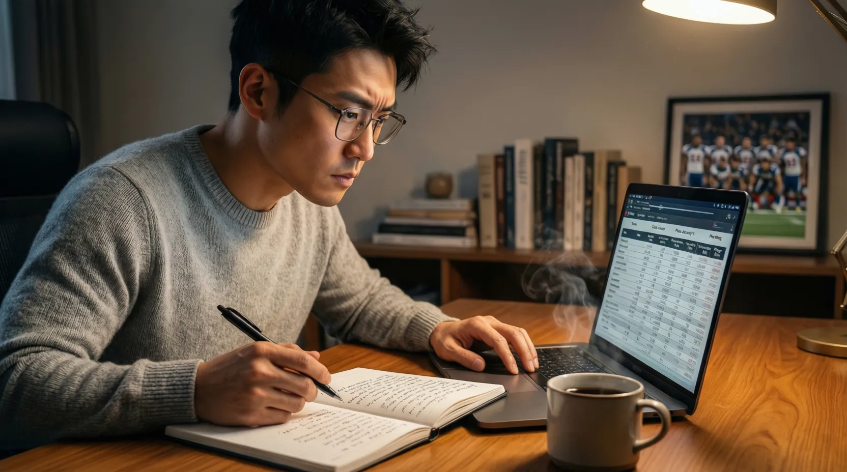 Persona tomando notas mientras analiza estadísticas de fútbol en ordenador portátil