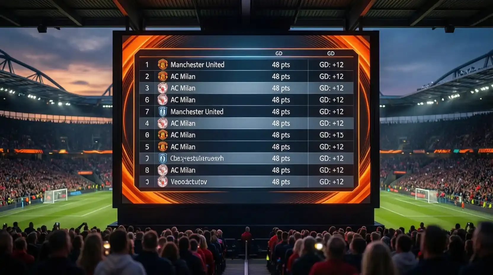 Tabla de clasificación de la Europa League en pantalla de estadio con posiciones destacadas