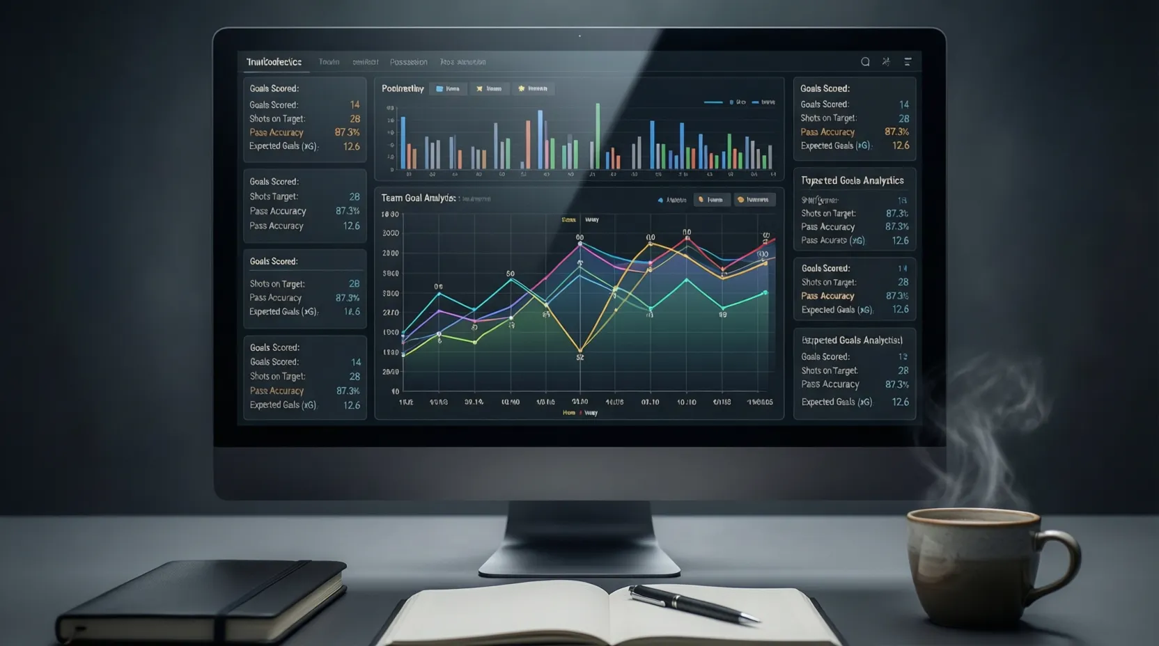 Gráficos estadísticos de rendimiento futbolístico en pantalla de ordenador
