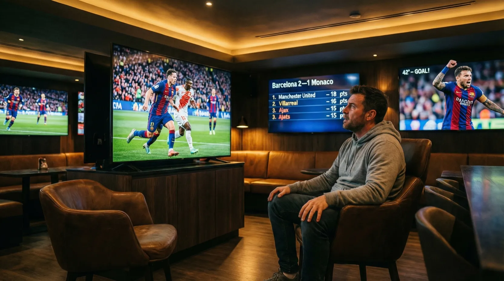 Aficionado observando múltiples pantallas con partidos y clasificaciones de Europa League