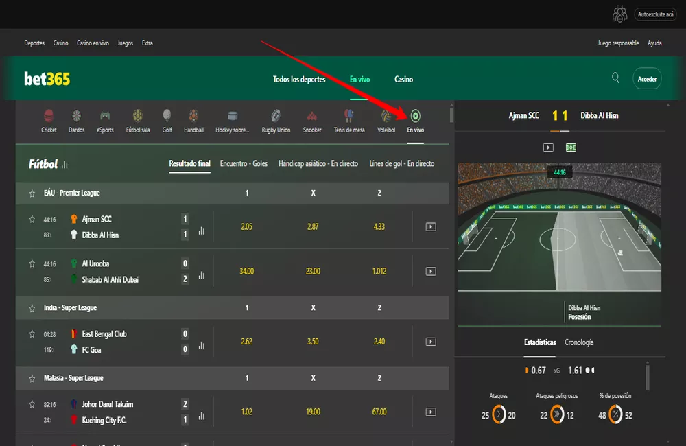 Interfaz de apuestas en vivo mostrando cambios de cuotas en tiempo real