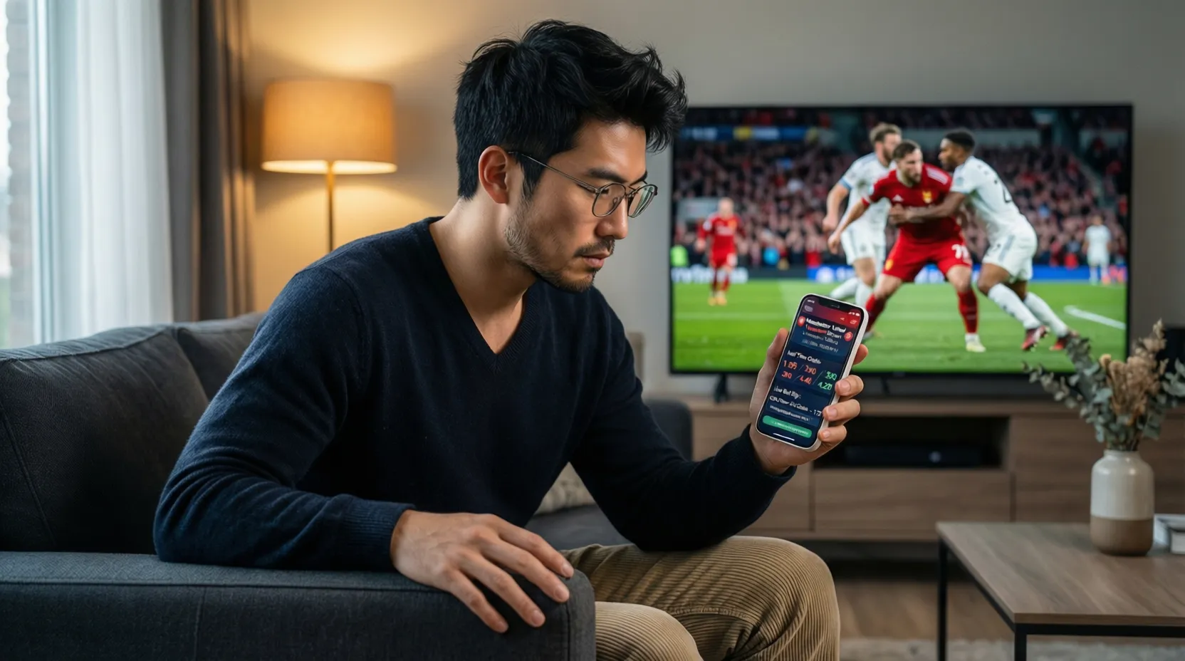 Aficionado siguiendo partido de fútbol en directo con aplicación de apuestas en smartphone