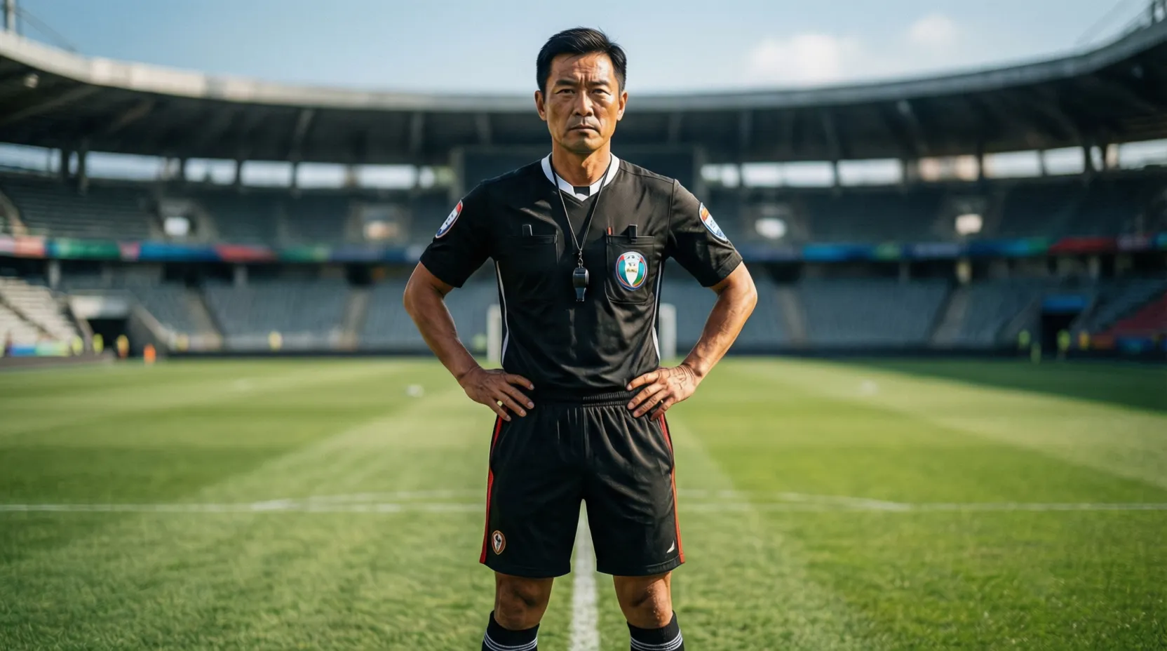 Árbitro de fútbol con uniforme oficial en actitud concentrada durante partido