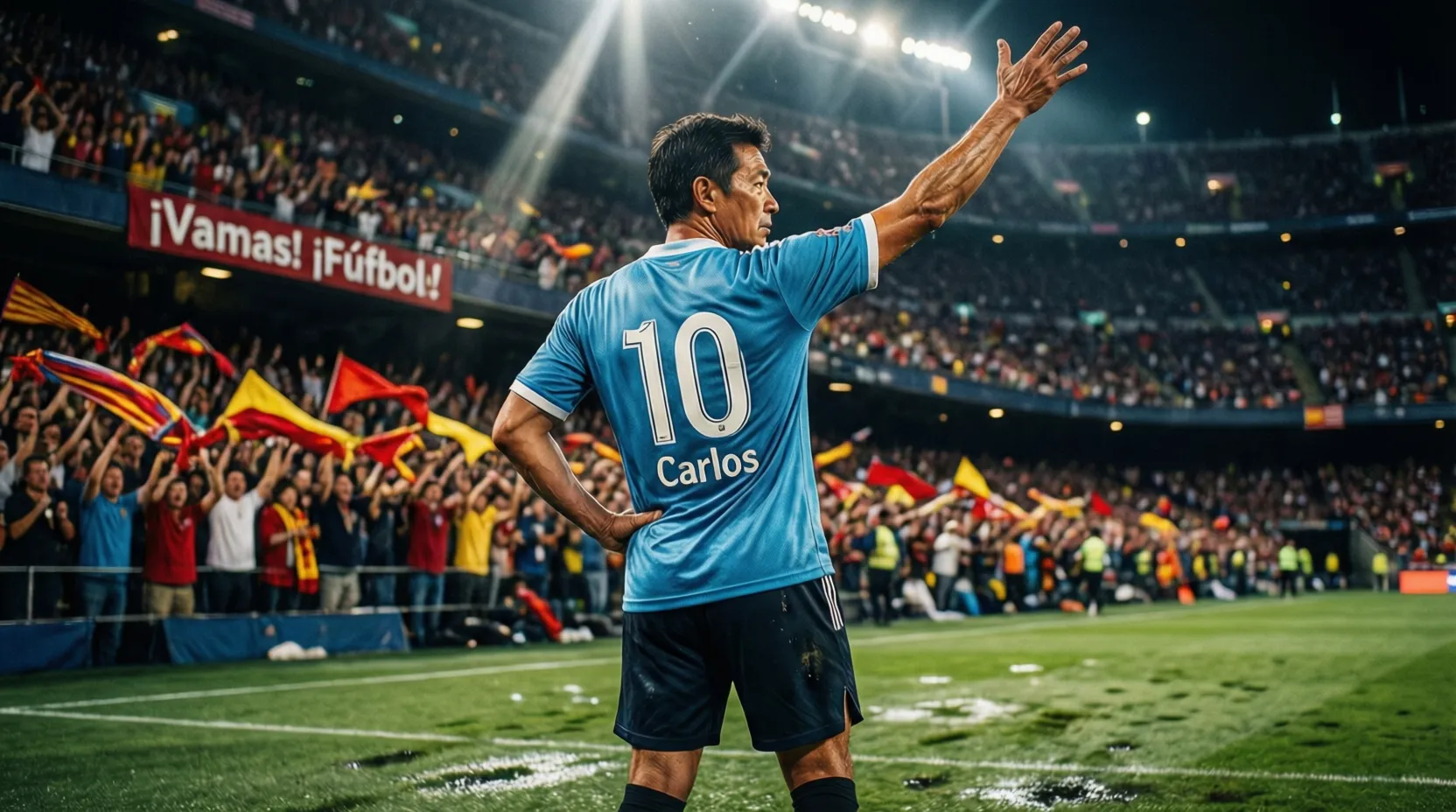 Capitán del Celta de Vigo dirigiendo al equipo durante partido nocturno en Balaídos