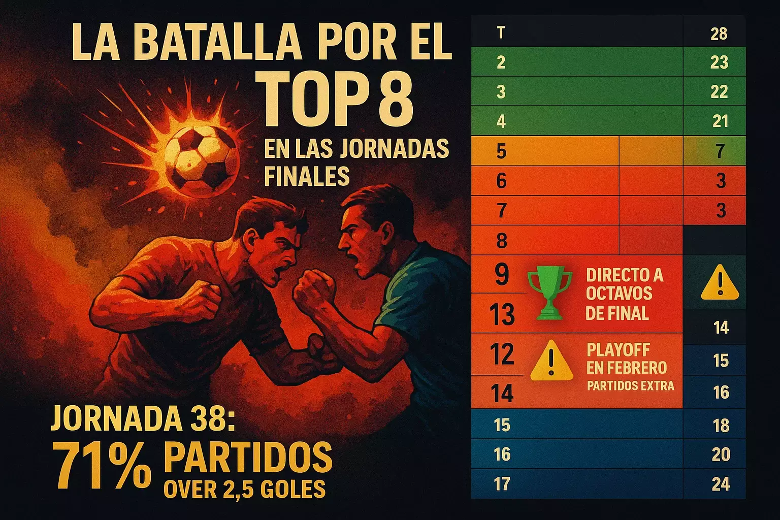 Batalla por Top 8 en tabla única Europa League mostrando posiciones críticas 7-13 con diferencia entre clasificación directa y playoff en jornadas finales