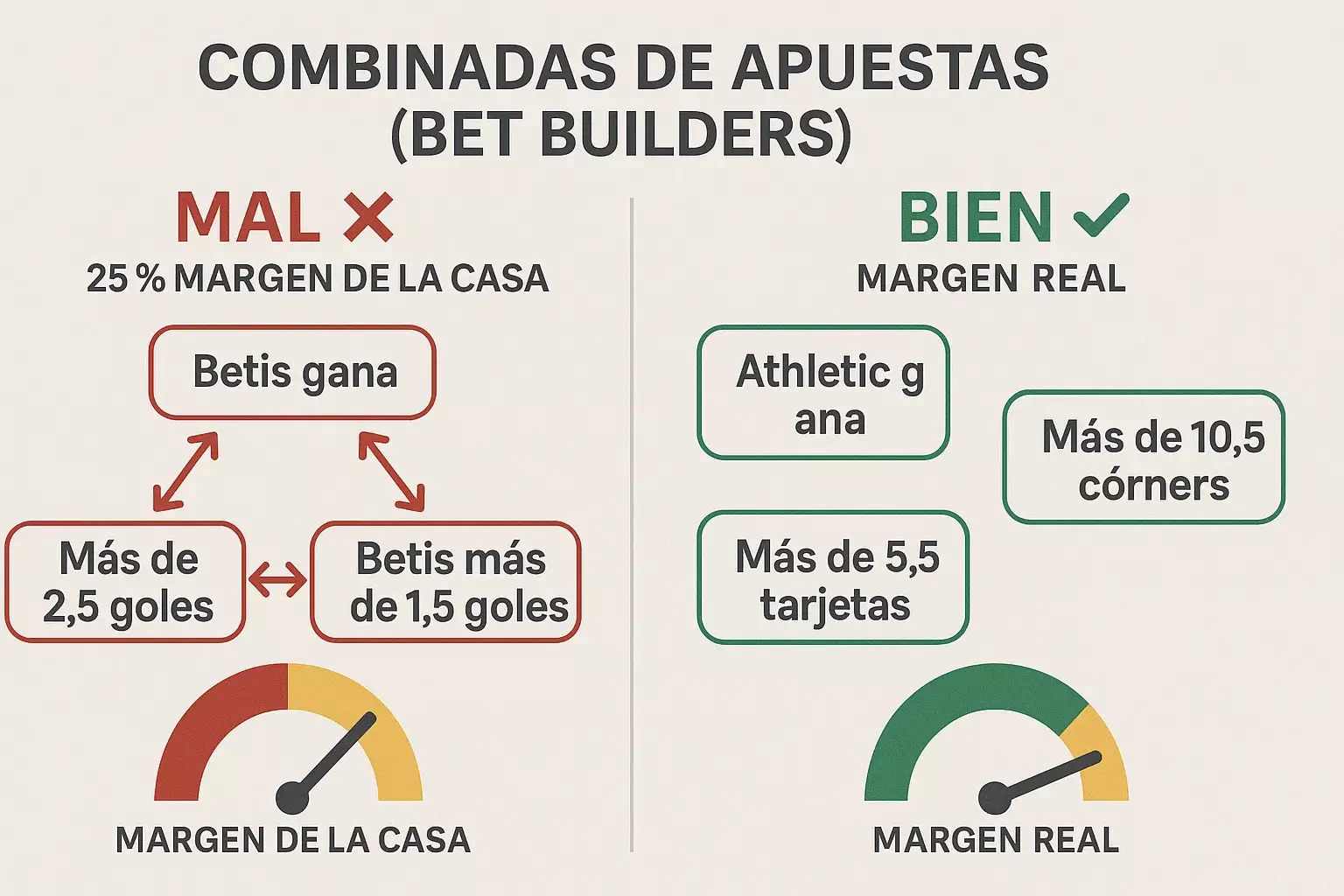 Bet builders estrategia correlación errores 25% house edge versus descorrelación correcta Athletic gana corners tarjetas independientes edge real