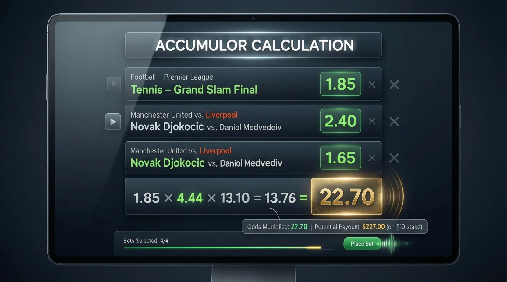 Interfaz de apuestas mostrando cálculo de cuota combinada con múltiples selecciones