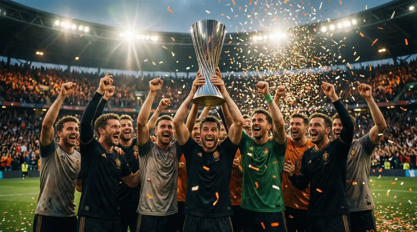 Jugadores de fútbol celebrando con el trofeo de la Europa League en el campo