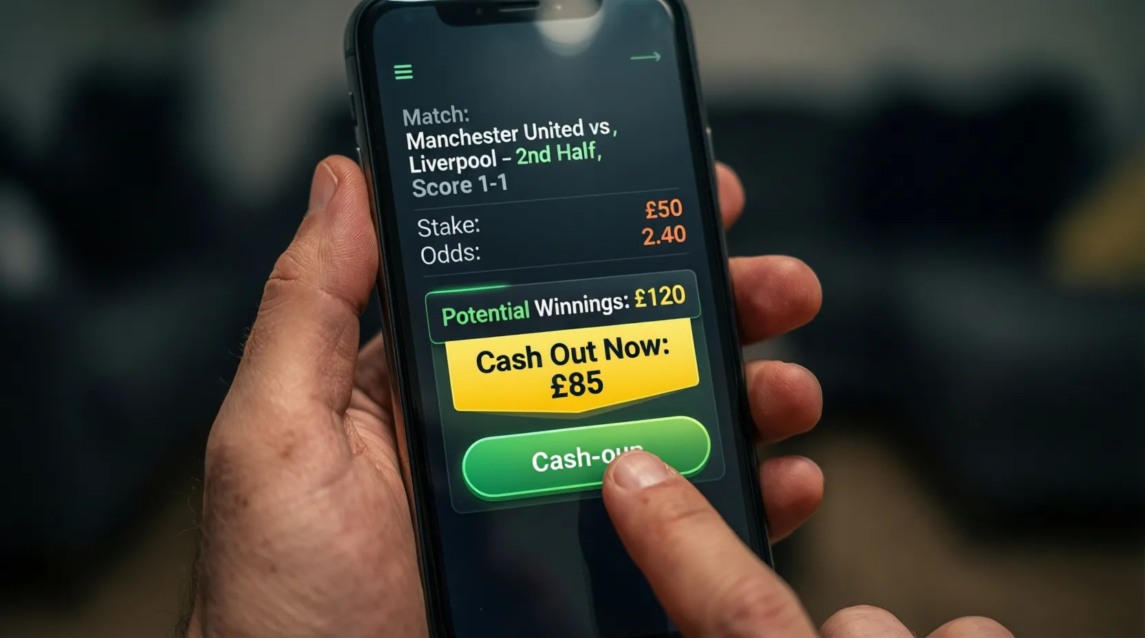 Interfaz de aplicación de apuestas mostrando opción de cash out durante partido en vivo