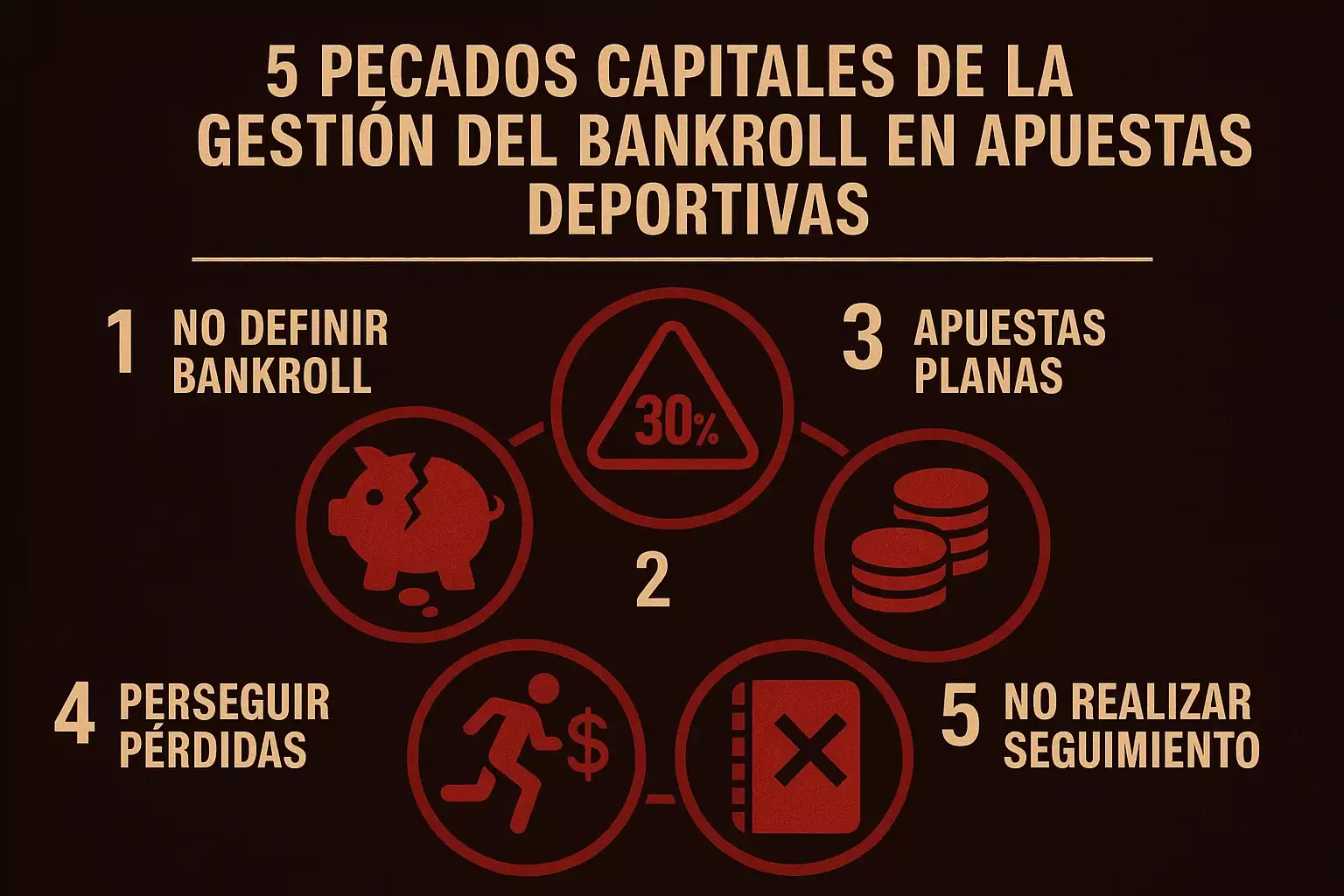 Cinco pecados capitales que destruyen bankroll: no tener bankroll definido, apostar porcentajes absurdos, no ajustar stake, chase losses, no llevar registro