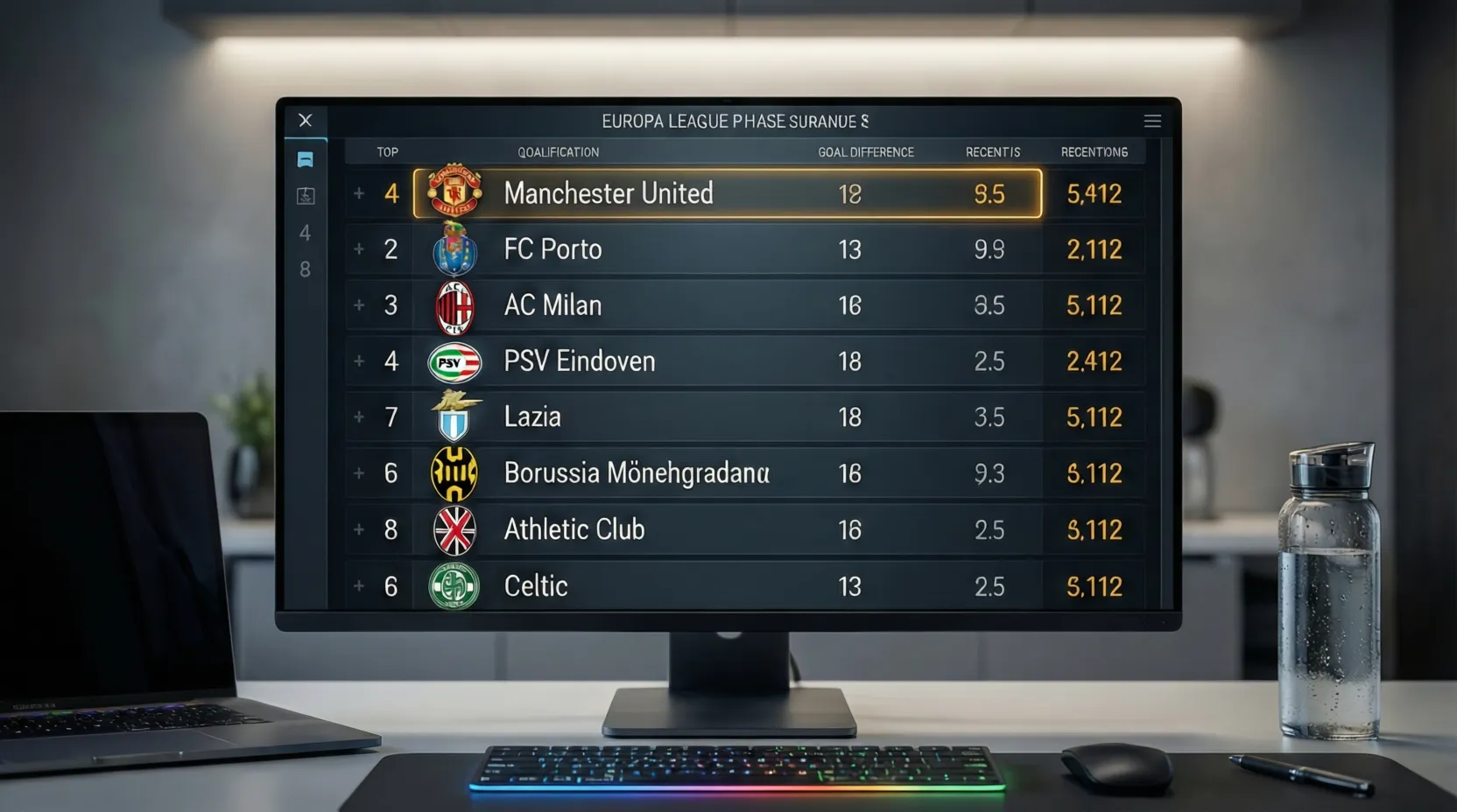 Tabla de clasificación de la fase de liga de Europa League en pantalla