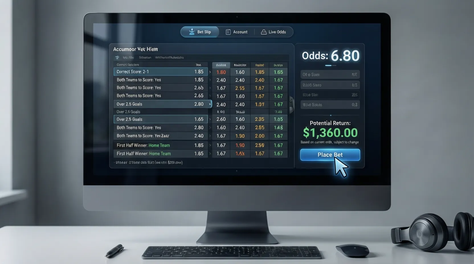 Pantalla de ordenador mostrando boleto de apuestas combinadas con múltiples selecciones