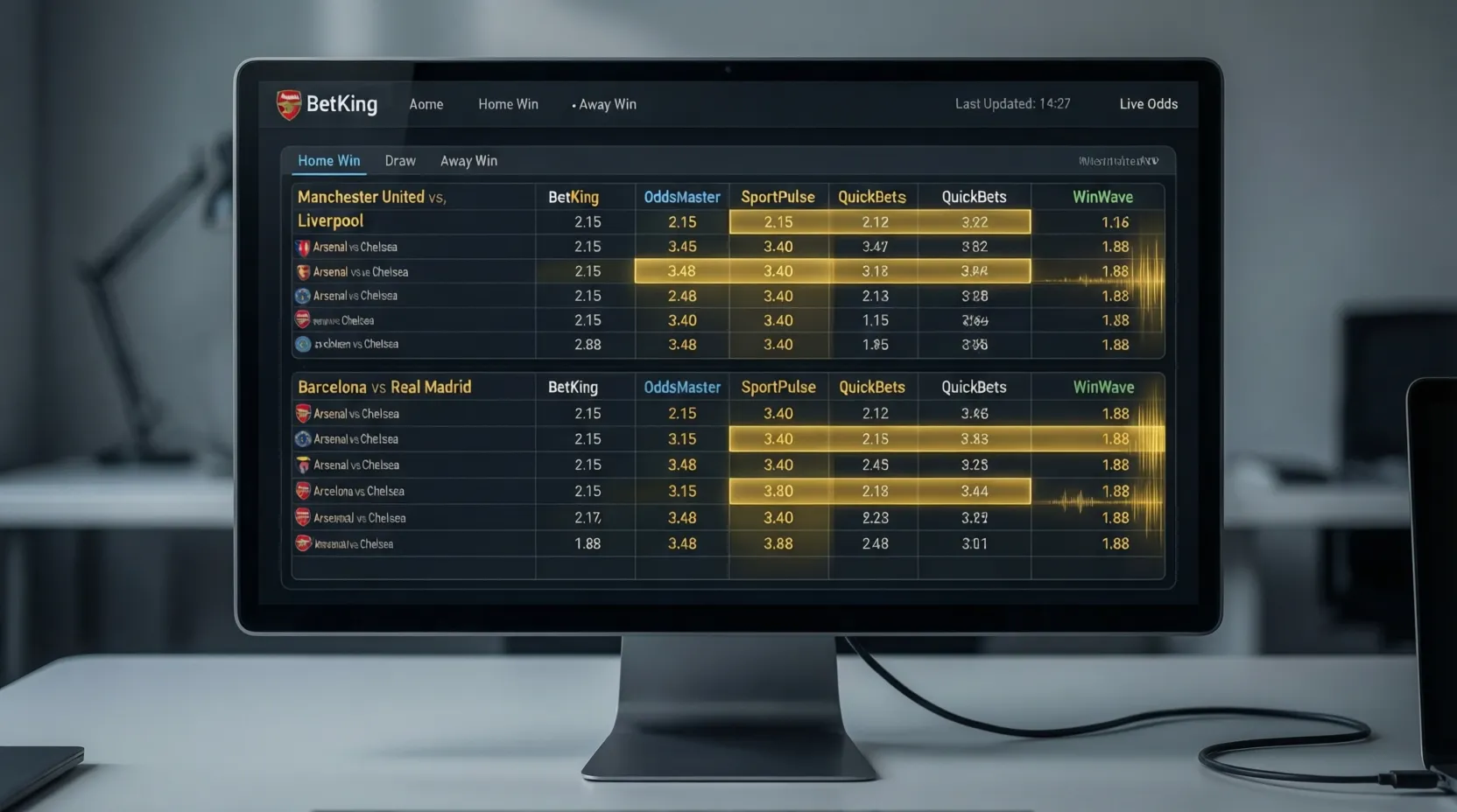 Pantalla mostrando comparación de cuotas de diferentes casas de apuestas