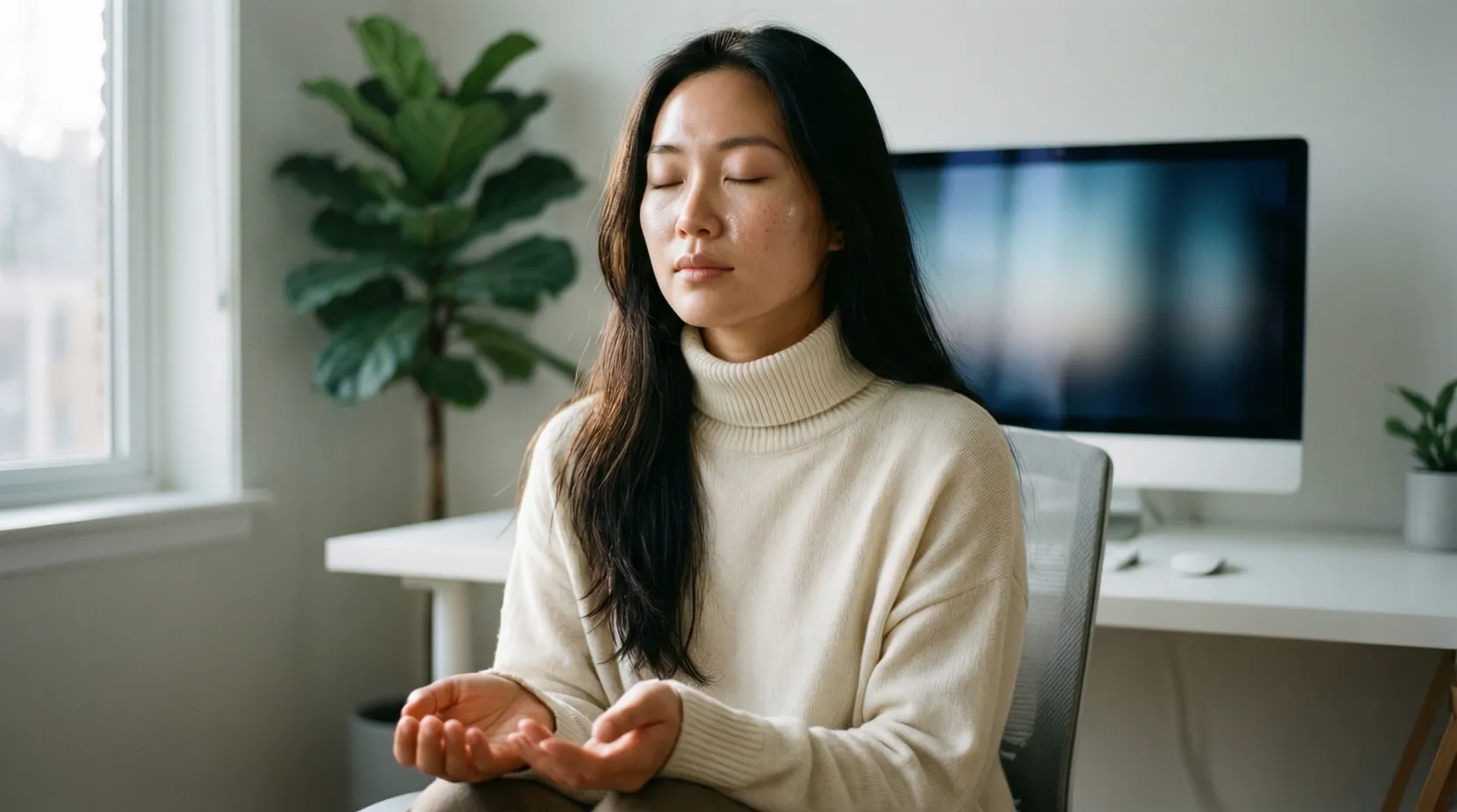 Persona practicando respiración profunda con expresión serena frente a escritorio de trabajo