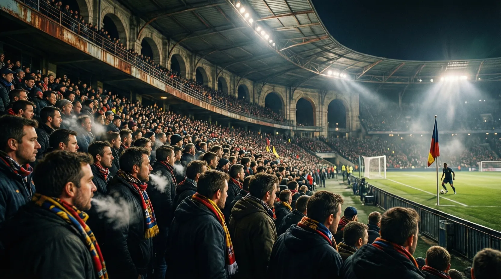 Aficionados en estadio observando ejecución de córner durante partido nocturno