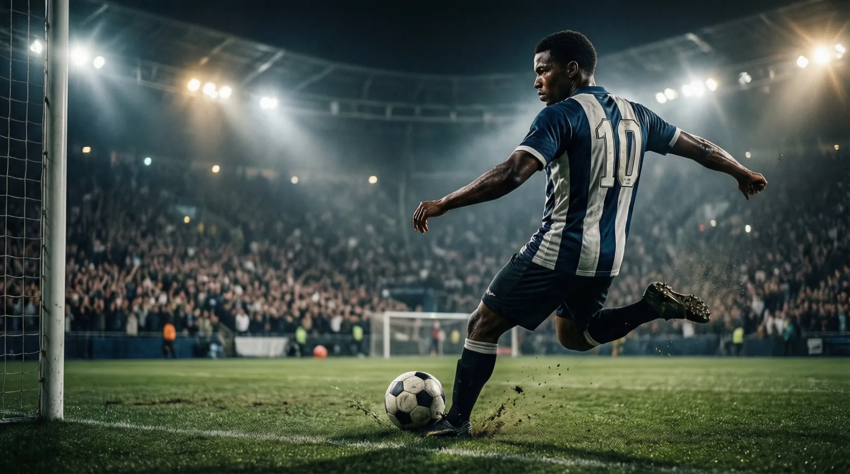 Jugador de fútbol ejecutando un saque de esquina en partido nocturno de Europa League