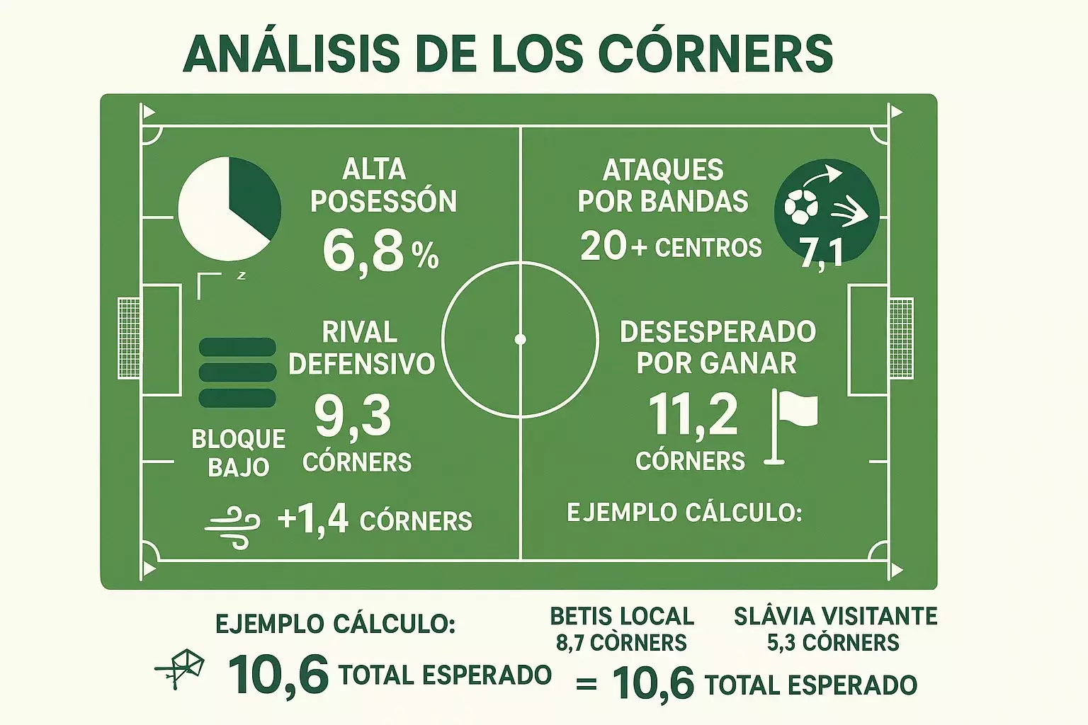 Análisis corners apuestas factores clave posesión 60% cruces bandas bloque bajo necesidad ganar con ejemplo cálculo Betis 8.7 corners casa