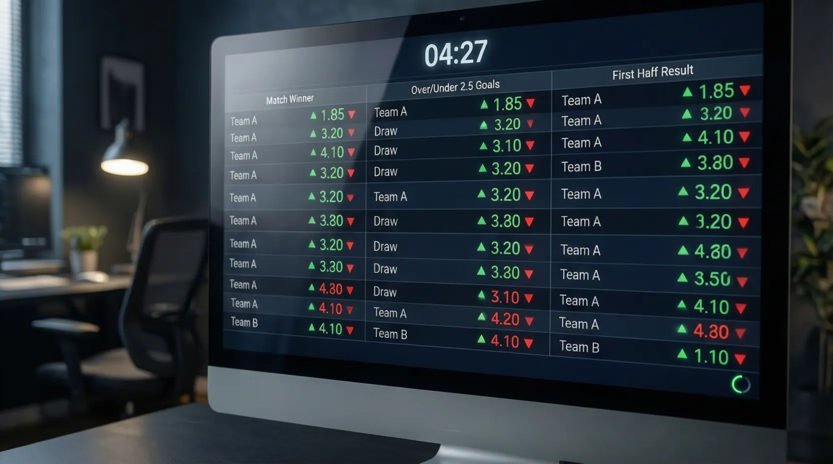 Pantalla mostrando cuotas de apuestas cambiando en tiempo real durante partido