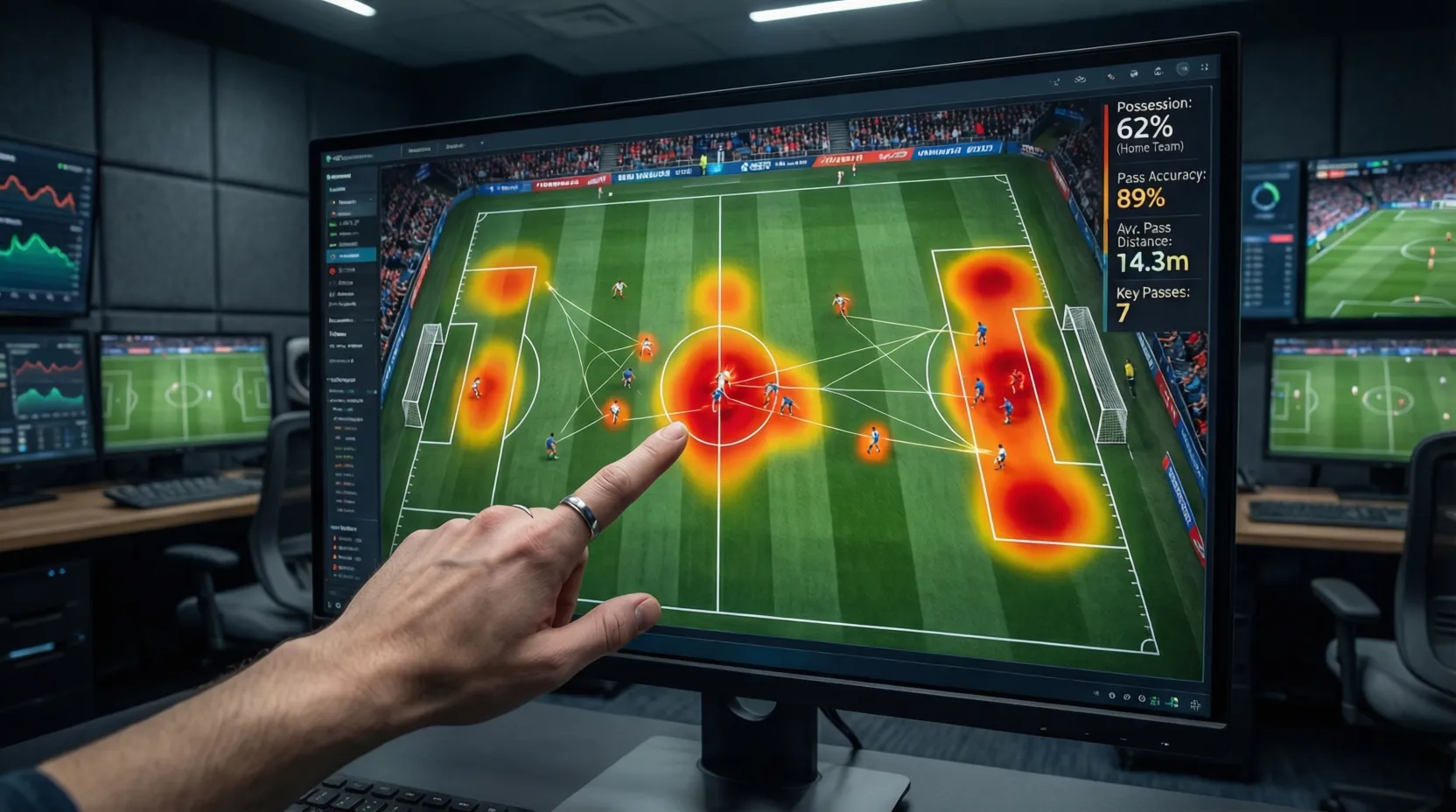 Pantalla mostrando mapa de calor y estadísticas de posesión de un partido de fútbol