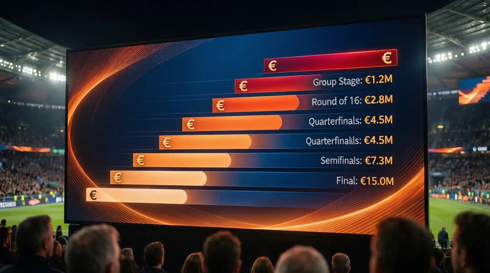 Infografía en pantalla de estadio mostrando distribución de premios por rondas