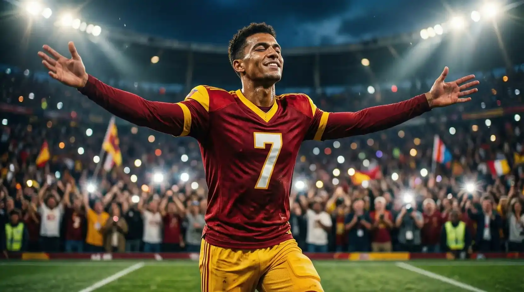 Jugador de fútbol celebrando un gol con los brazos abiertos en estadio lleno