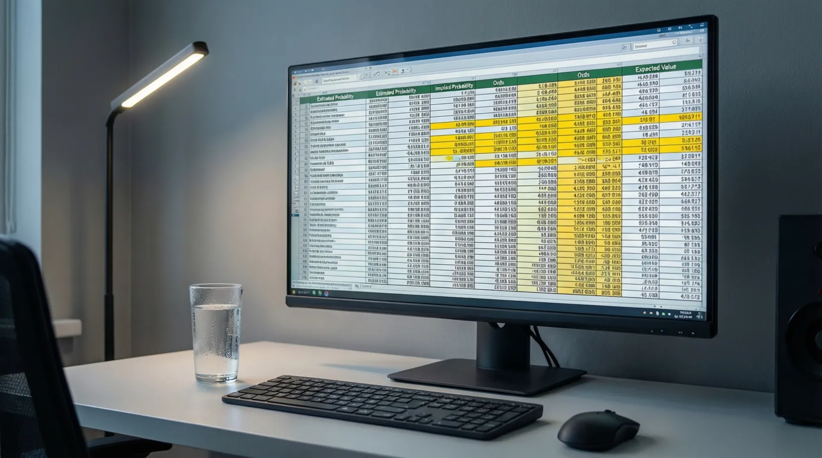 Hoja de cálculo mostrando análisis de valor con probabilidades y cuotas