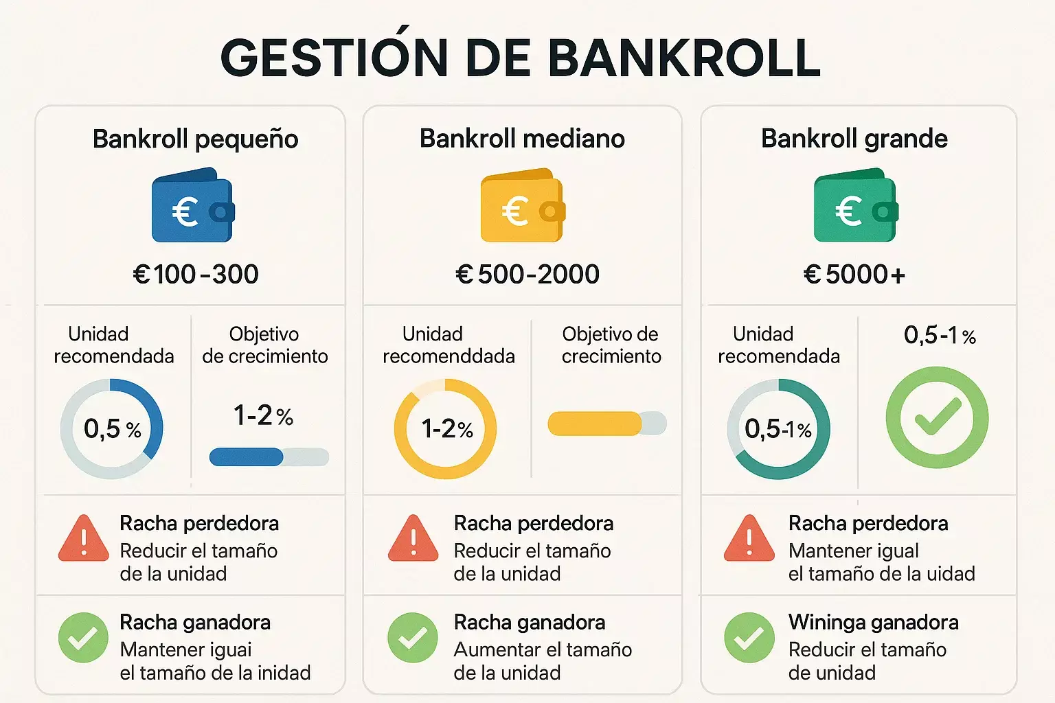 Escenarios prácticos gestión bankroll en diferentes niveles: pequeño 100-300 euros, medio 500-2000 euros, grande 5000+ euros con estrategias específicas