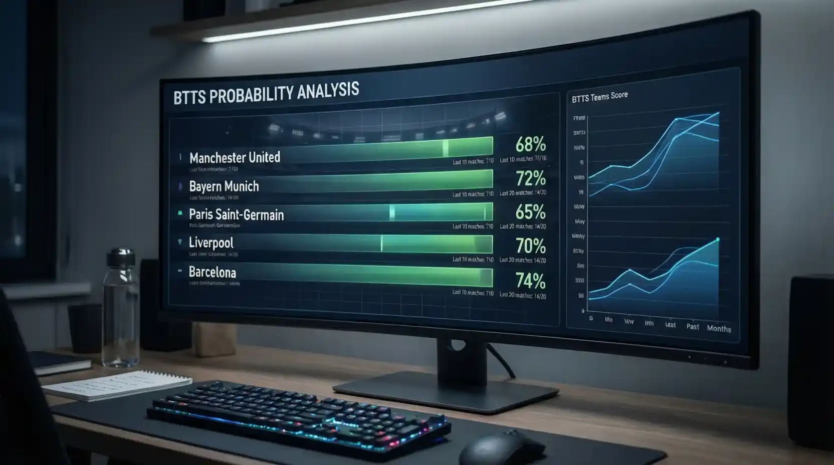 Pantalla de ordenador mostrando estadísticas de BTTS por equipo y competición