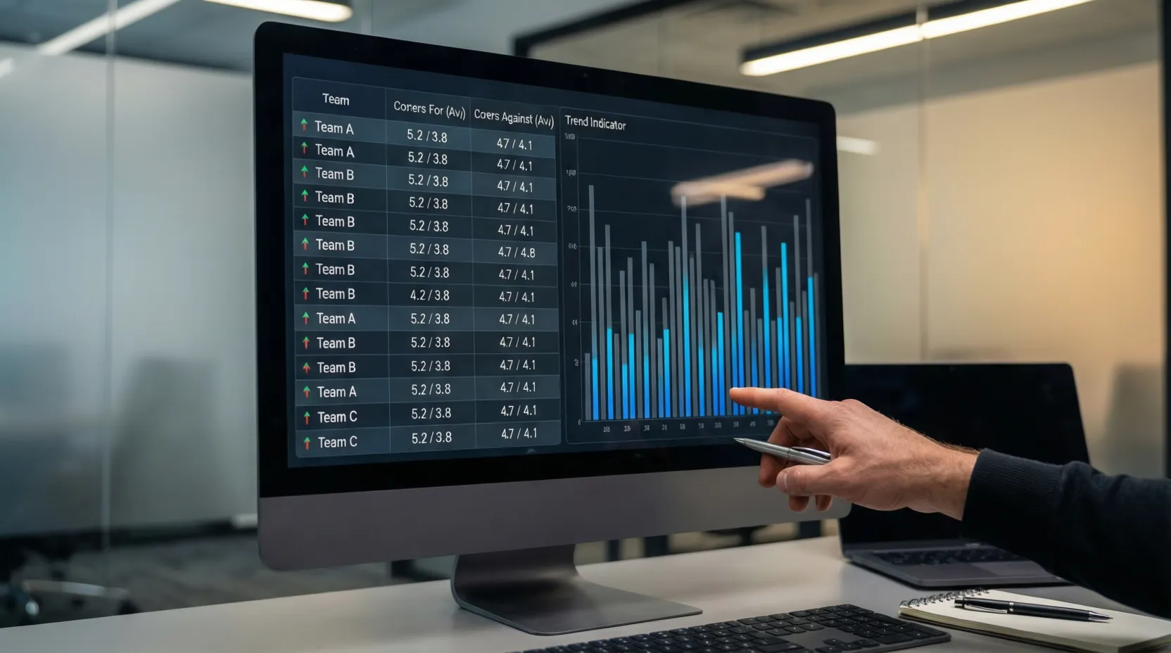 Pantalla de ordenador mostrando estadísticas detalladas de córneres por equipo