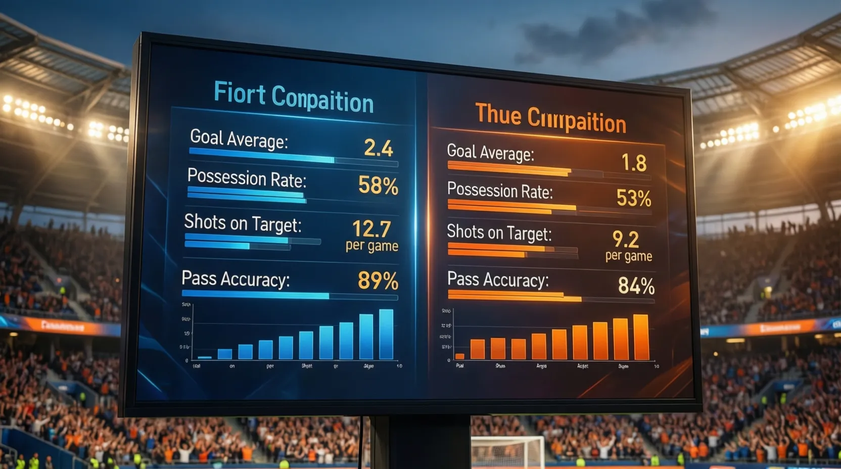 Pantalla de estadio mostrando estadísticas comparativas de goles entre ambas competiciones