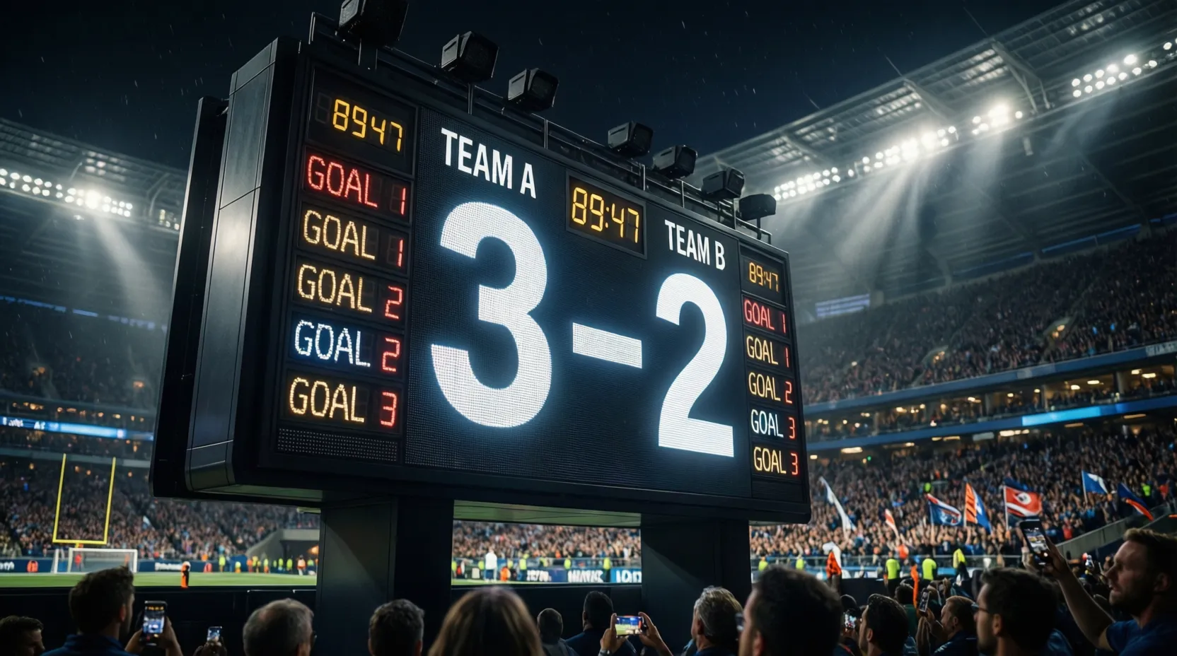 Marcador electrónico de estadio mostrando resultado de partido con múltiples goles