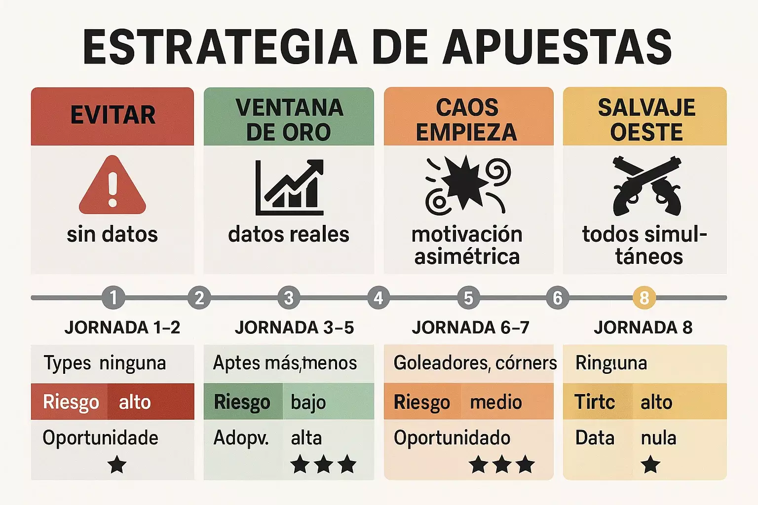 Estrategia por jornadas 1-8 en formato suizo Europa League mostrando ventana de oro jornadas 3-5 y caos jornadas finales con código de colores por riesgo