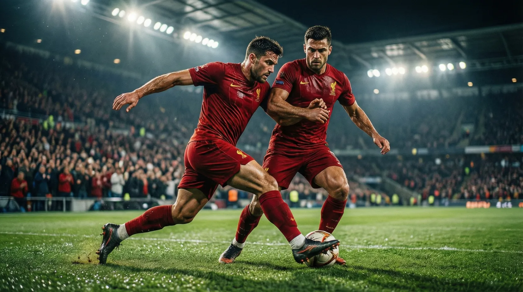 Jugadores del Nottingham Forest disputando un partido de Europa League bajo los focos