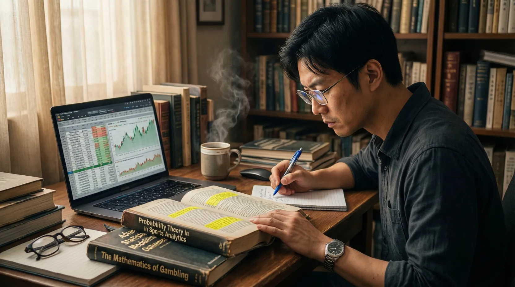 Persona estudiando con libros y ordenador sobre análisis de apuestas deportivas