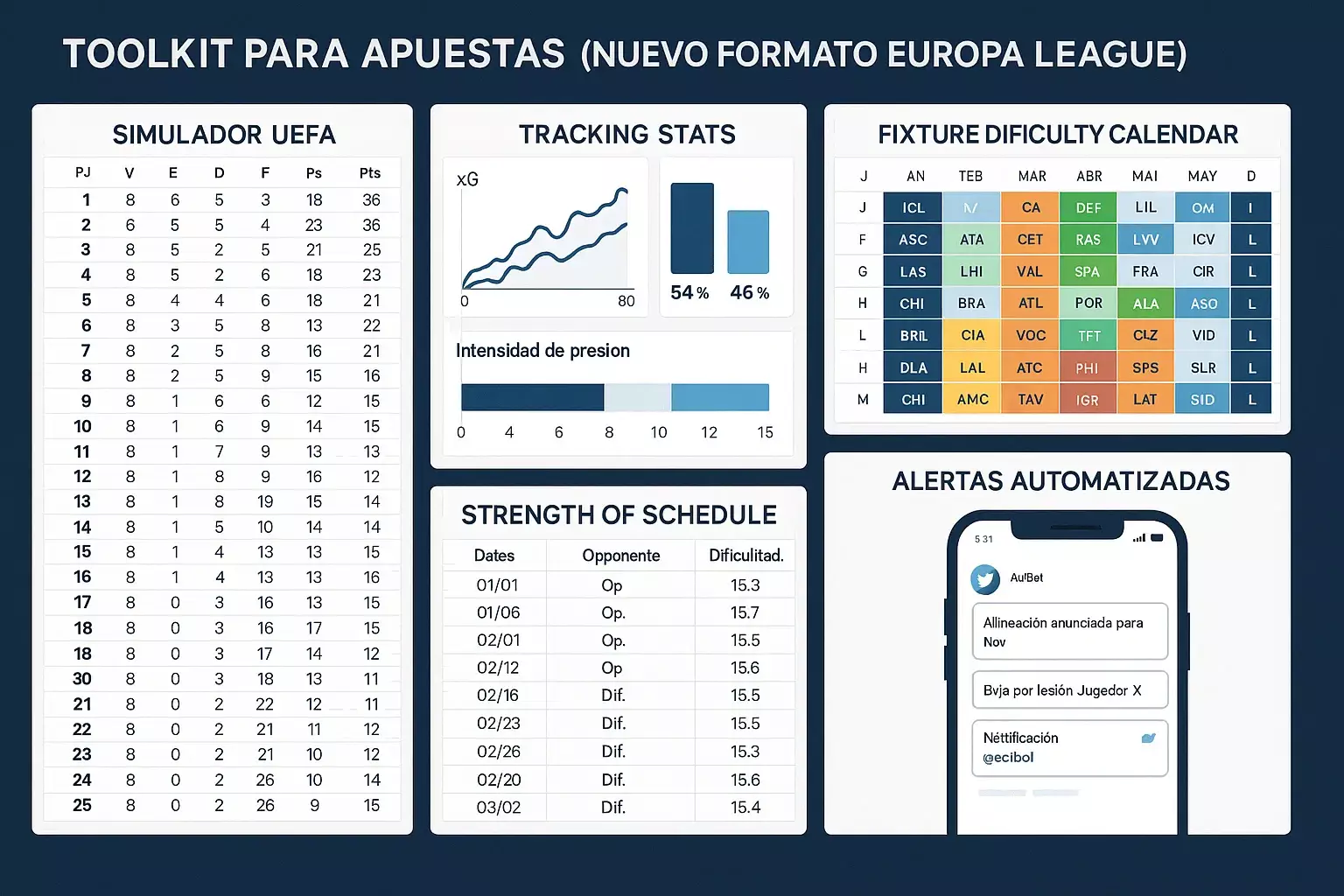 Herramientas esenciales para analizar formato suizo Europa League: simulador clasificación, tracking estadísticas, calendario dificultad, alertas automáticas lesiones