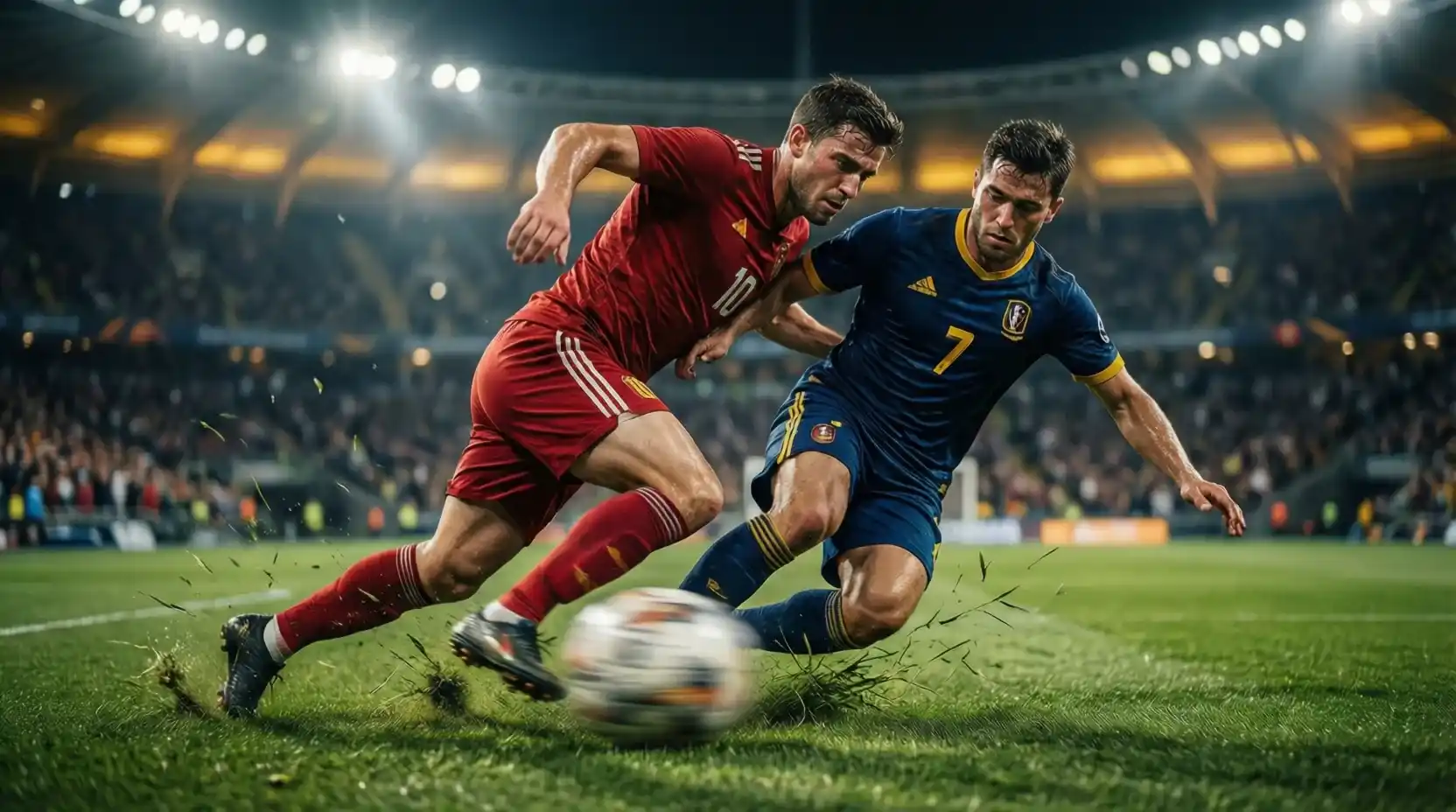 Jugadores de fútbol disputando un partido de Europa League bajo los focos del estadio