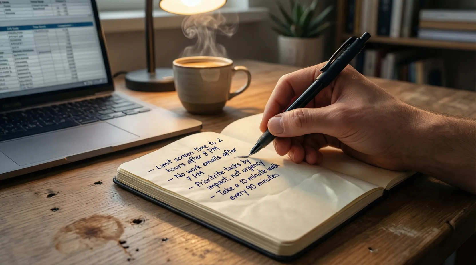 Persona escribiendo objetivos y límites en cuaderno junto a ordenador