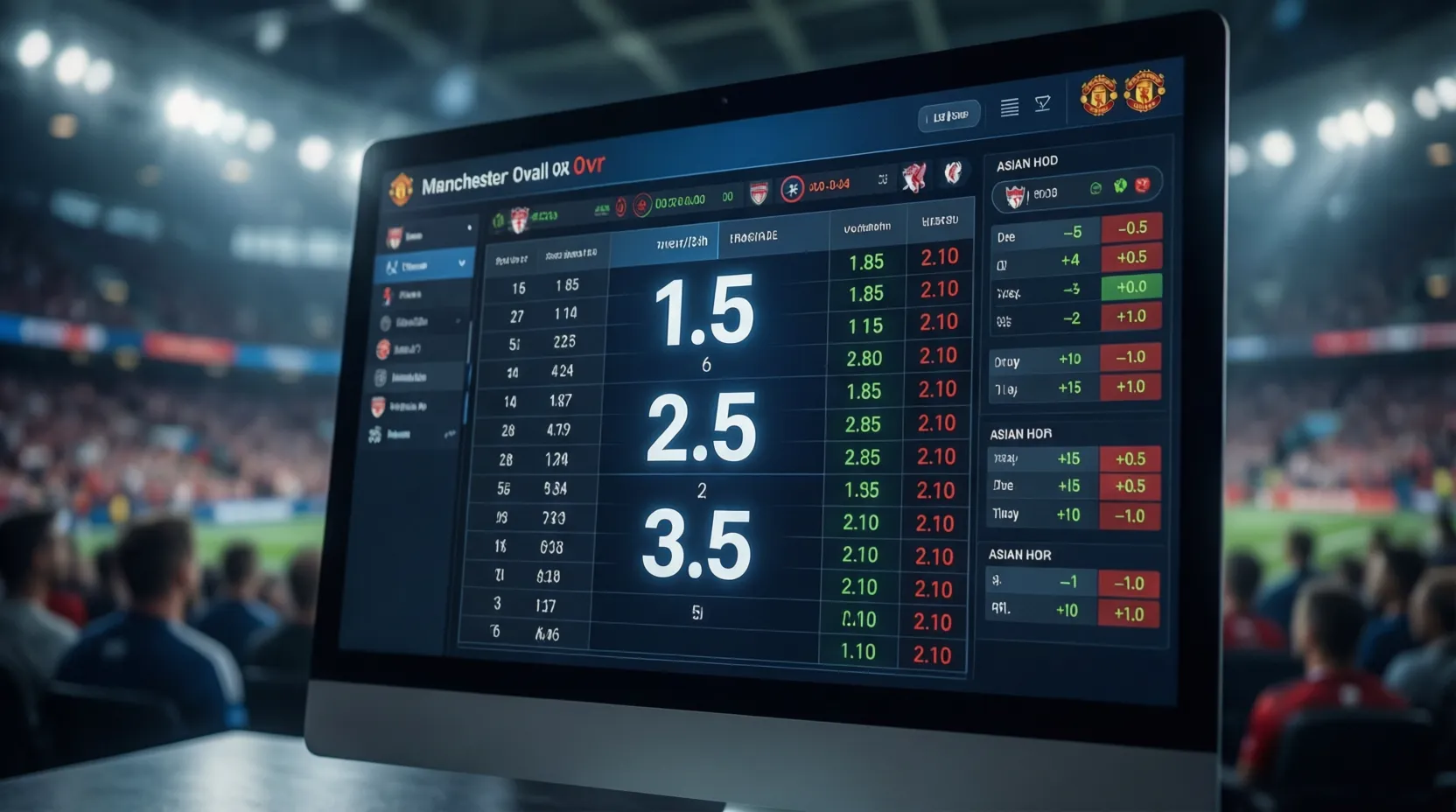Pantalla mostrando diferentes líneas de apuestas over/under para partidos de fútbol