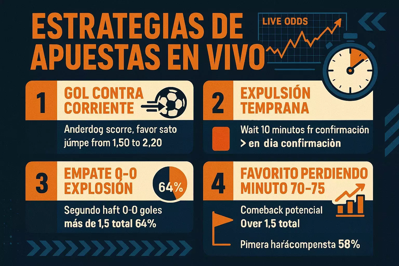 Live betting cinco estrategias en tiempo real gol contra corriente expulsión temprana empate 0-0 explosión favorito perdiendo corners segundo tiempo ROI 5.2%