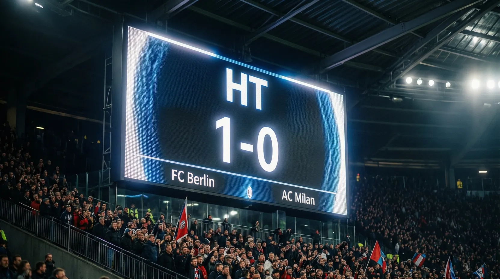 Marcador electrónico de estadio mostrando resultado parcial al descanso