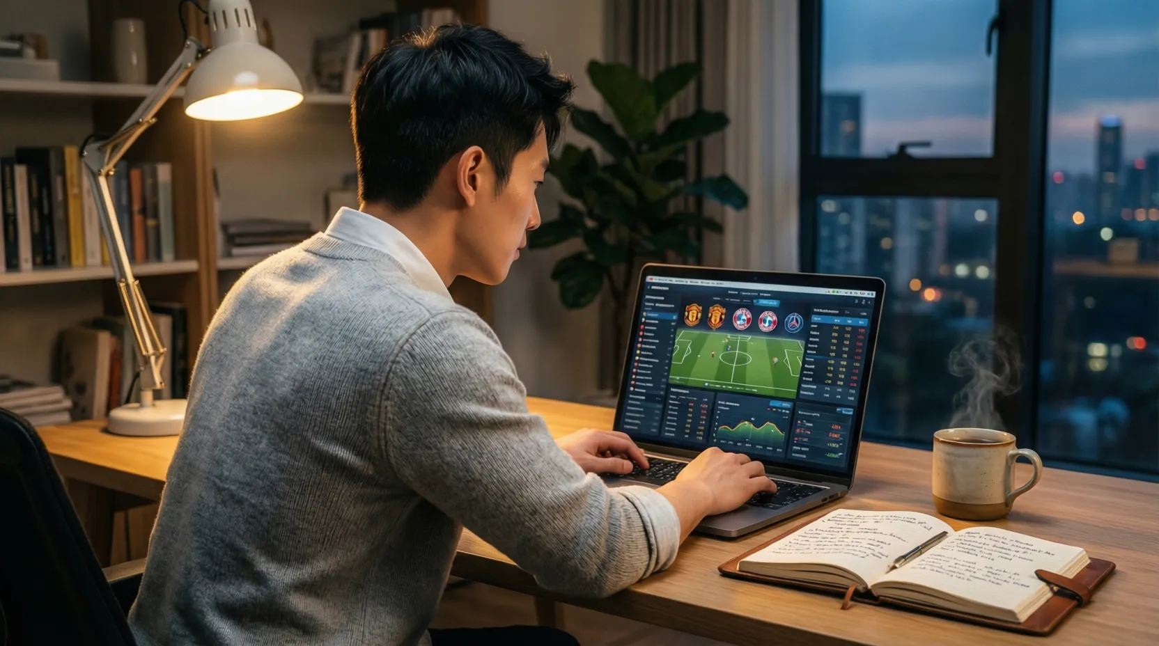 Aficionado analizando estadísticas de fútbol europeo en ordenador portátil