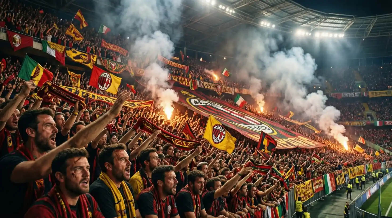Afición de la Roma animando en las gradas del Estadio Olímpico con banderas y bufandas