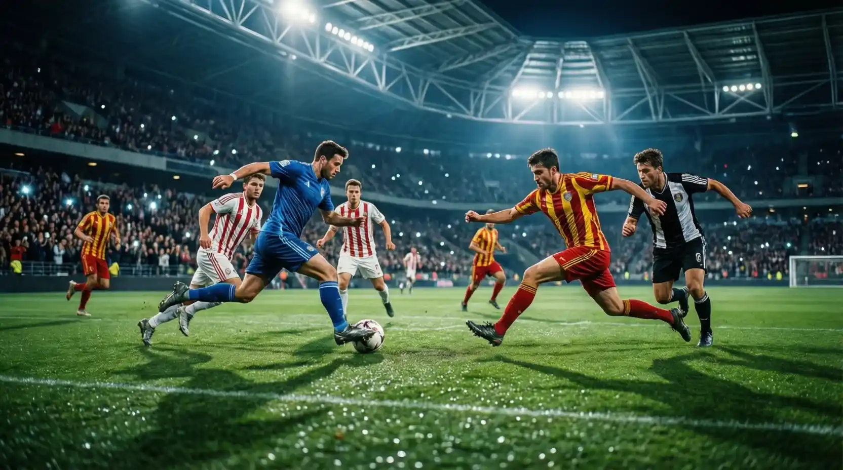 Acción de partido de fútbol con ambos equipos atacando en campo abierto