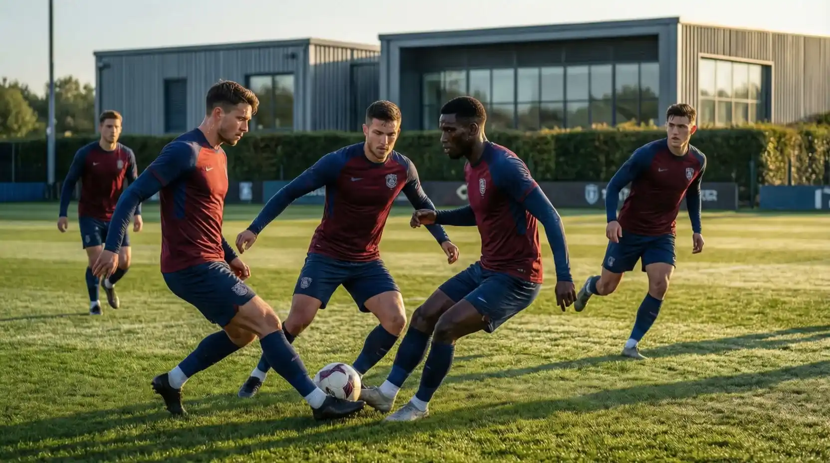 Jugadores del Aston Villa durante sesión de entrenamiento en campo de fútbol