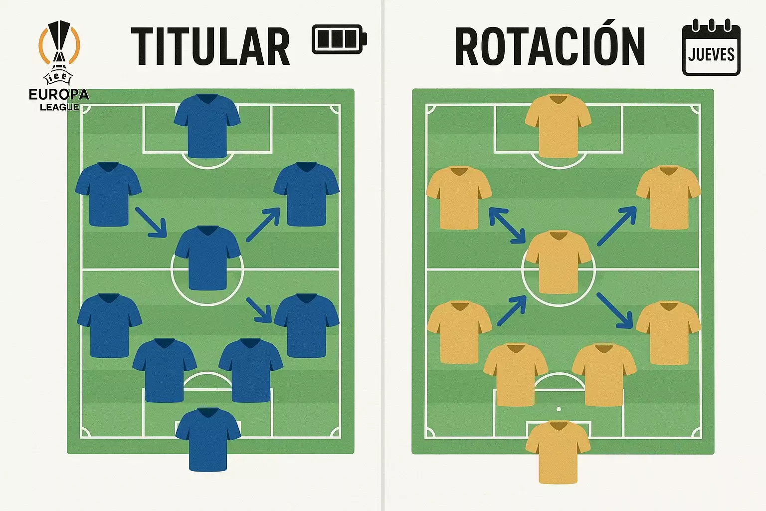 Análisis de rotaciones tácticas en Europa League mostrando alineaciones titulares vs suplentes y calendario de partidos