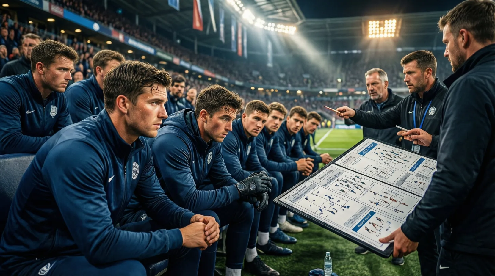 Banquillo de fútbol con jugadores suplentes preparados para entrar al campo