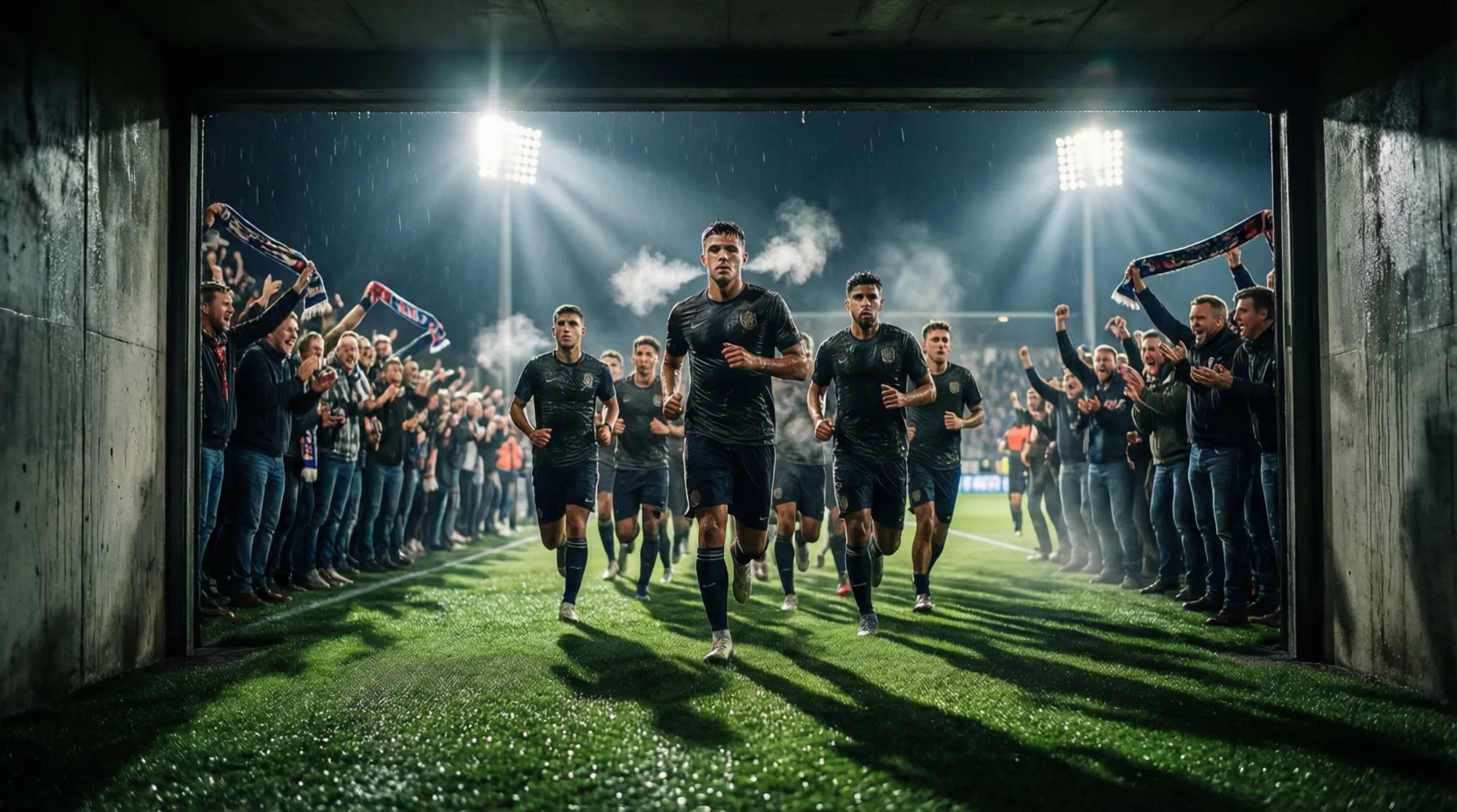 Jugadores de fútbol saliendo al campo para la segunda parte de un partido nocturno