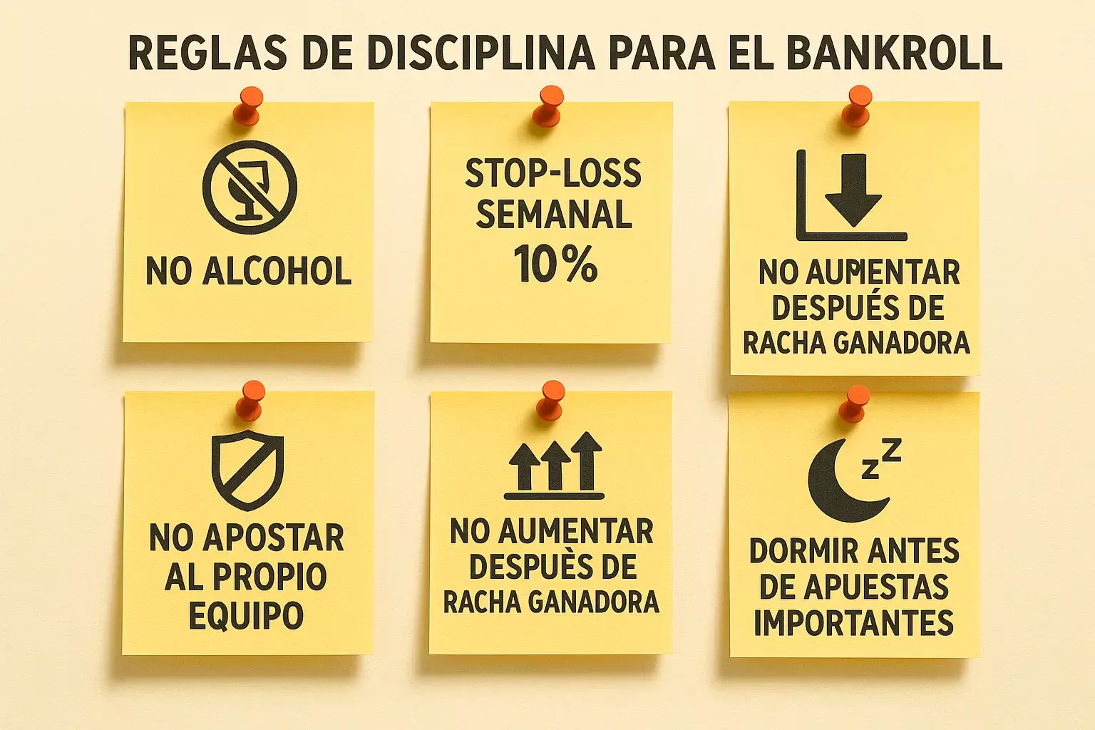 Siete reglas de disciplina para control emocional en gestión de bankroll: no alcohol, stop-loss, no chase losses, máximo 5 apuestas por jornada